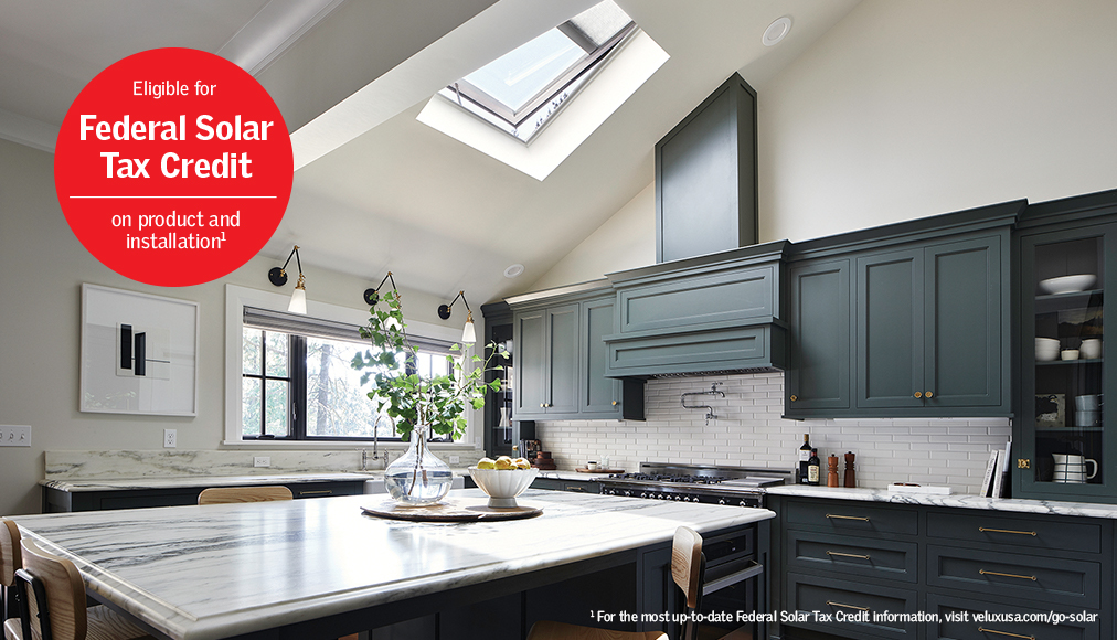 Modern kitchen with tax credit advertisement.