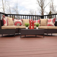 Patio furniture outside on a deck