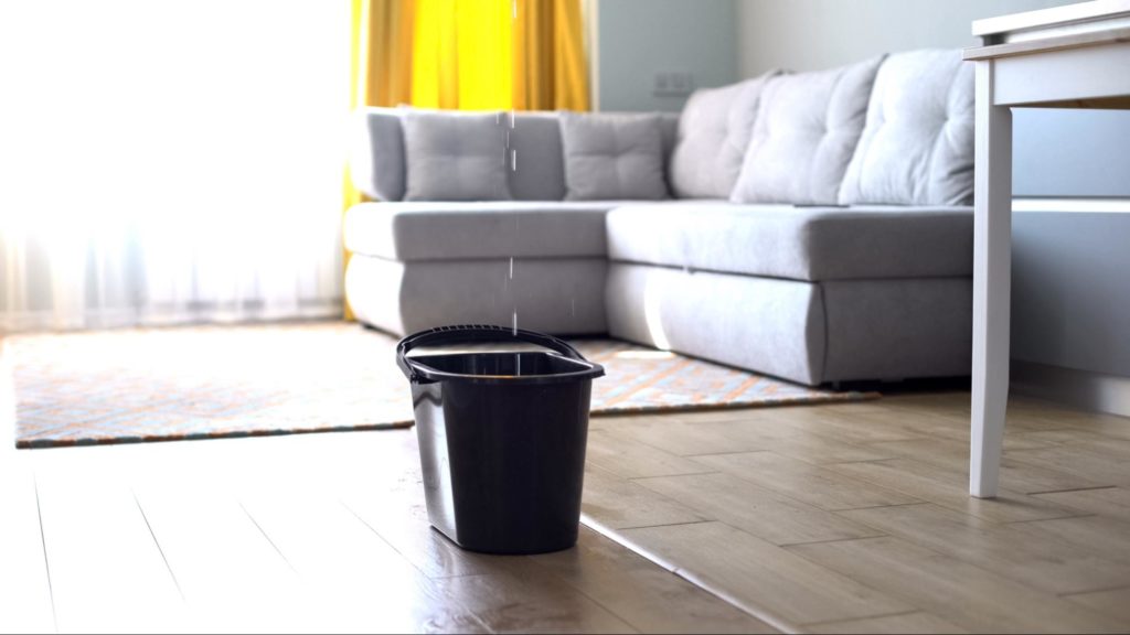 An image of bucket collecting water from a leaky roof.