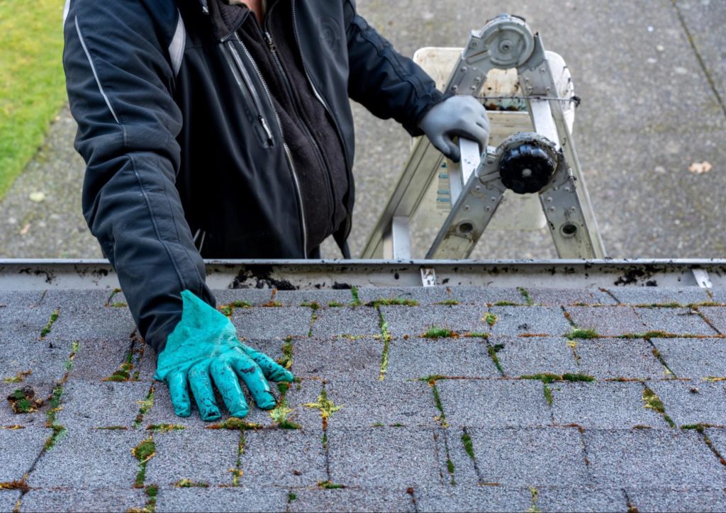An image of a person on a ladder inspecting shingles on a home's roof.