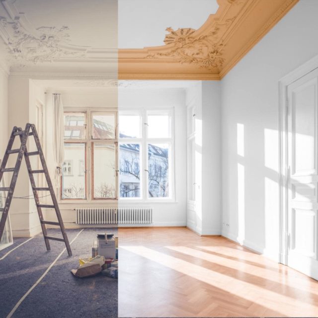 A collage of two images: one with a ladder in the foreground showing a room before a remodel and the other image showing an updated room with white walls and a hardwood floor.