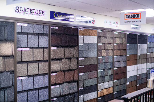 samples of roofing products in showroom