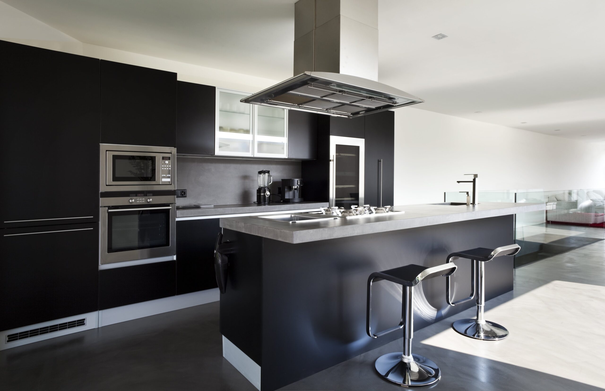 A Modern kitchen design idea with black cabinets and stainless steel appliances.