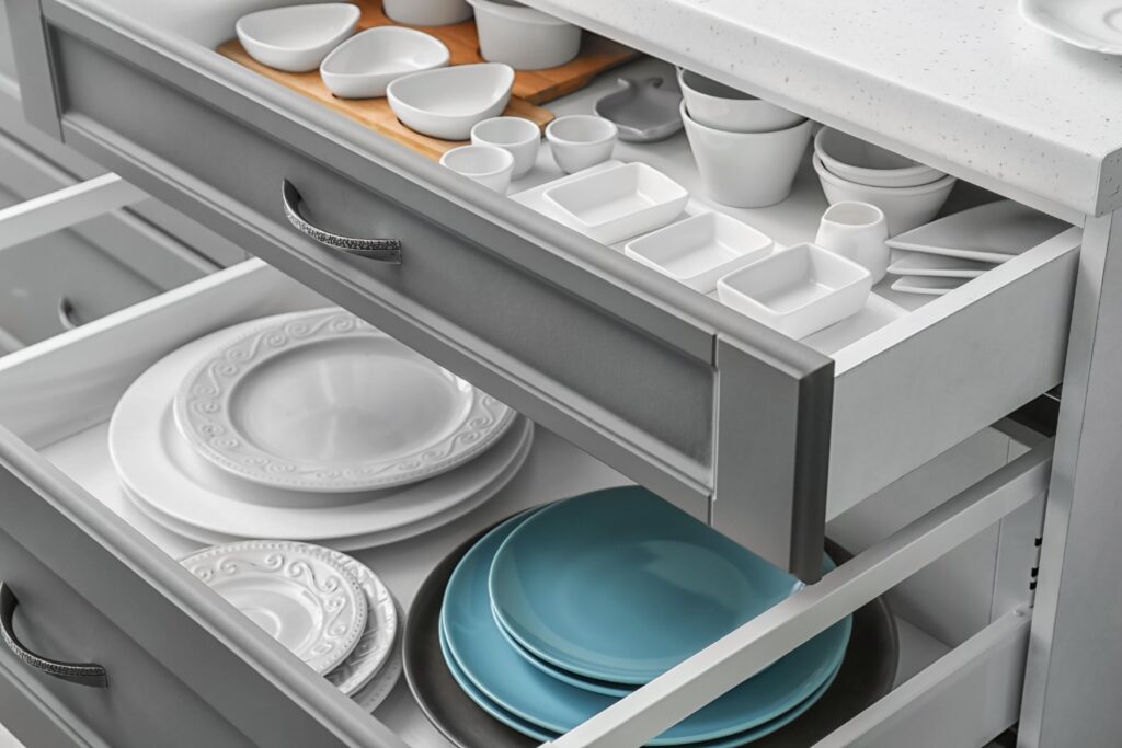 White and blue dishes on gray pullout shelves.