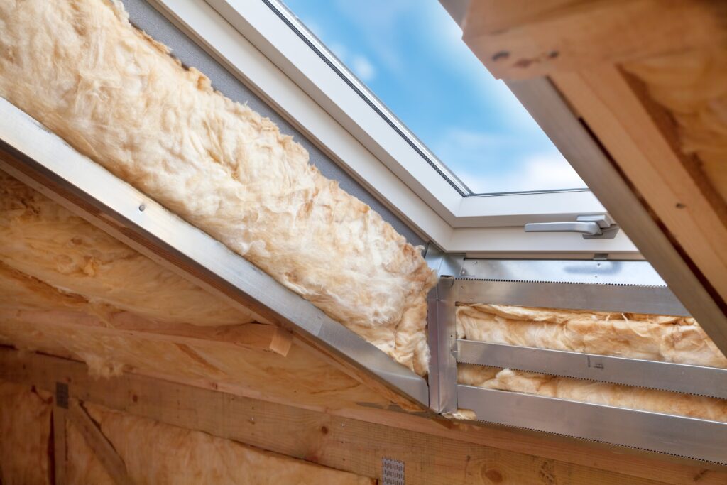 A skylight in an unfinished room with insulation around it.