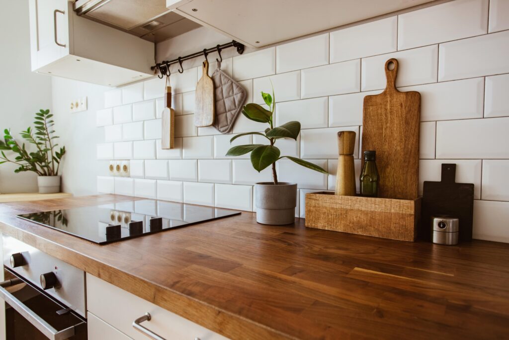 An image of a kitchen with butcher block kitchen countertops.