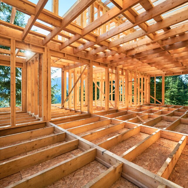 The wood framing of a home that's being built.
