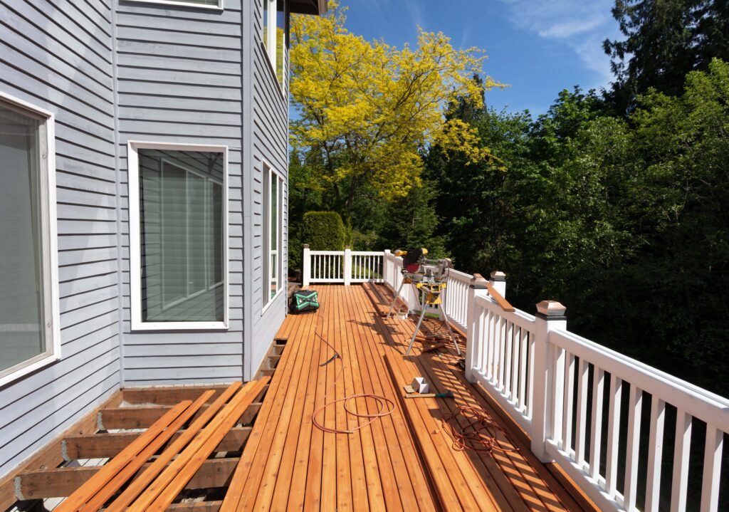 A new deck being built on a house