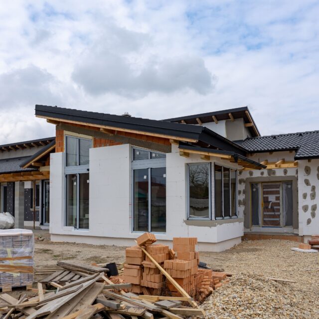 A modern-style home that's in the middle of a renovation that includes siding.