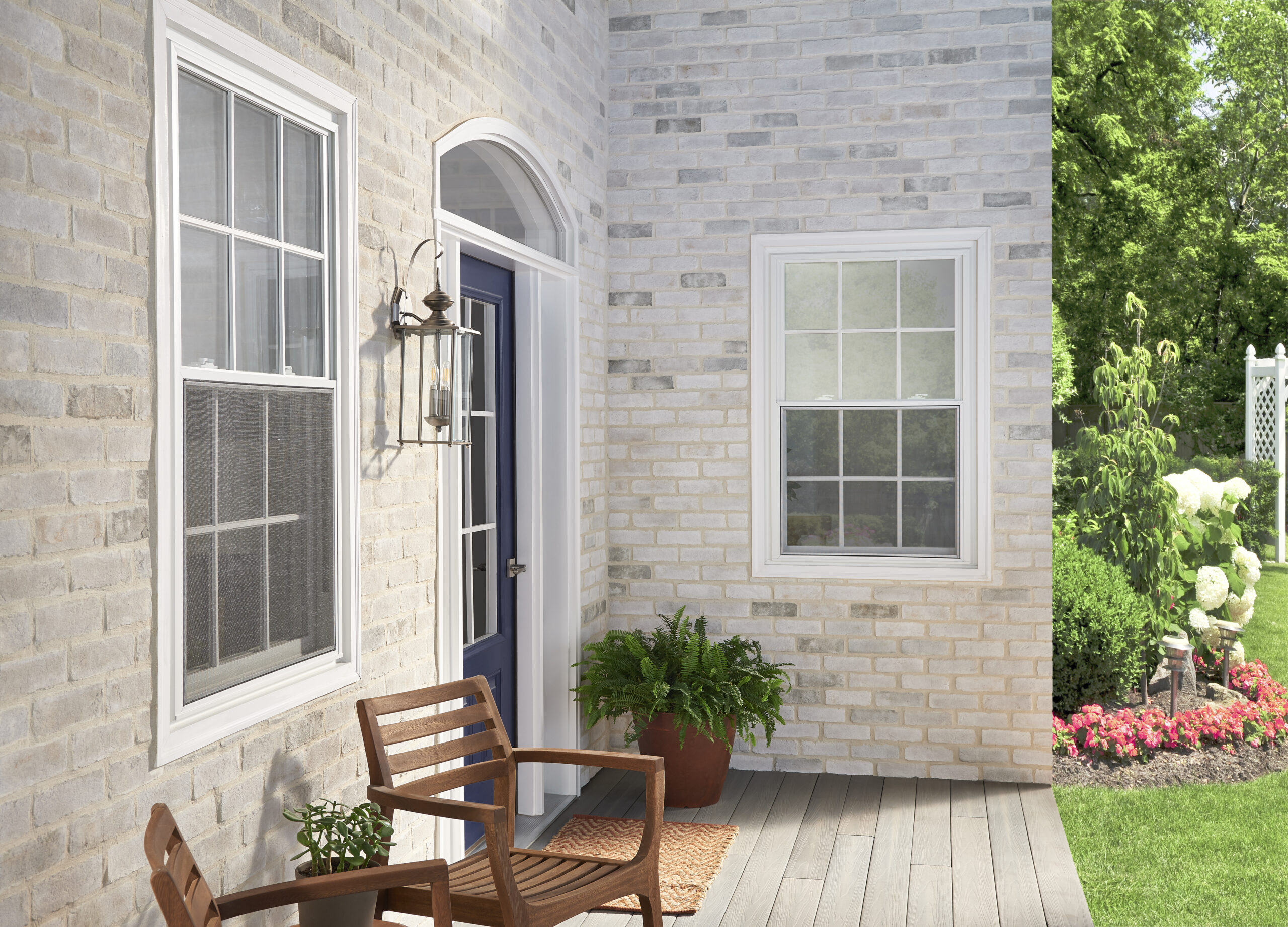 Paradigm Double Hung Premium Entryway Windows with blue entry door